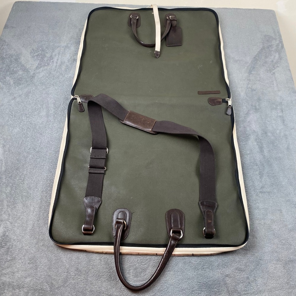 Peter Millar Garment Bag Olive Green Brown Leather Trim Suit Travel Shoulder Bag